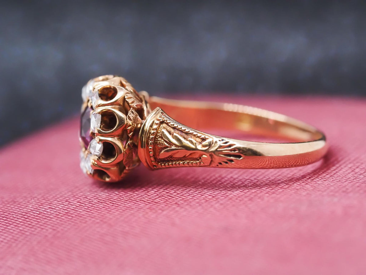 Victorian 18K Yellow Gold Ruby and Rose Cut Diamond Ring