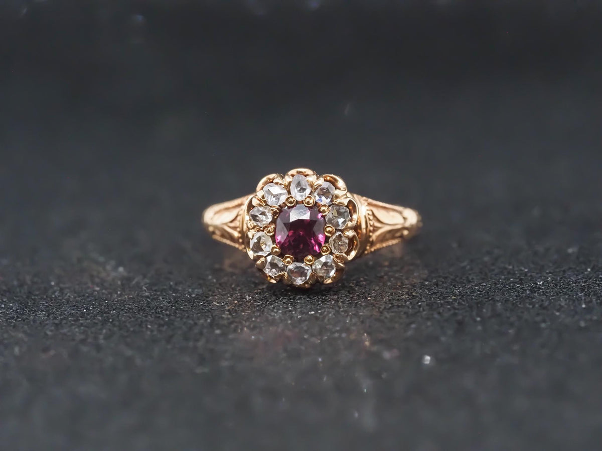 Victorian 18K Yellow Gold Ruby and Rose Cut Diamond Ring