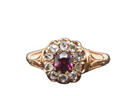 Victorian 18K Yellow Gold Ruby and Rose Cut Diamond Ring