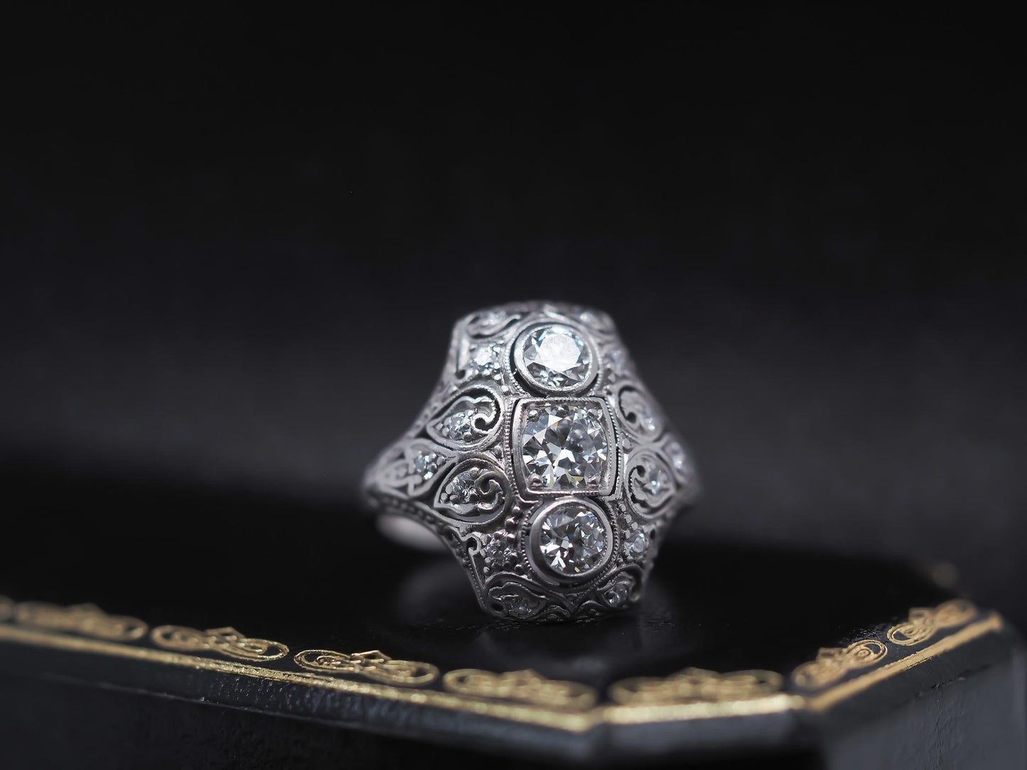 Circa 1920s Art Deco Platinum Ornate Old European Diamond Ring - VHK#291a
