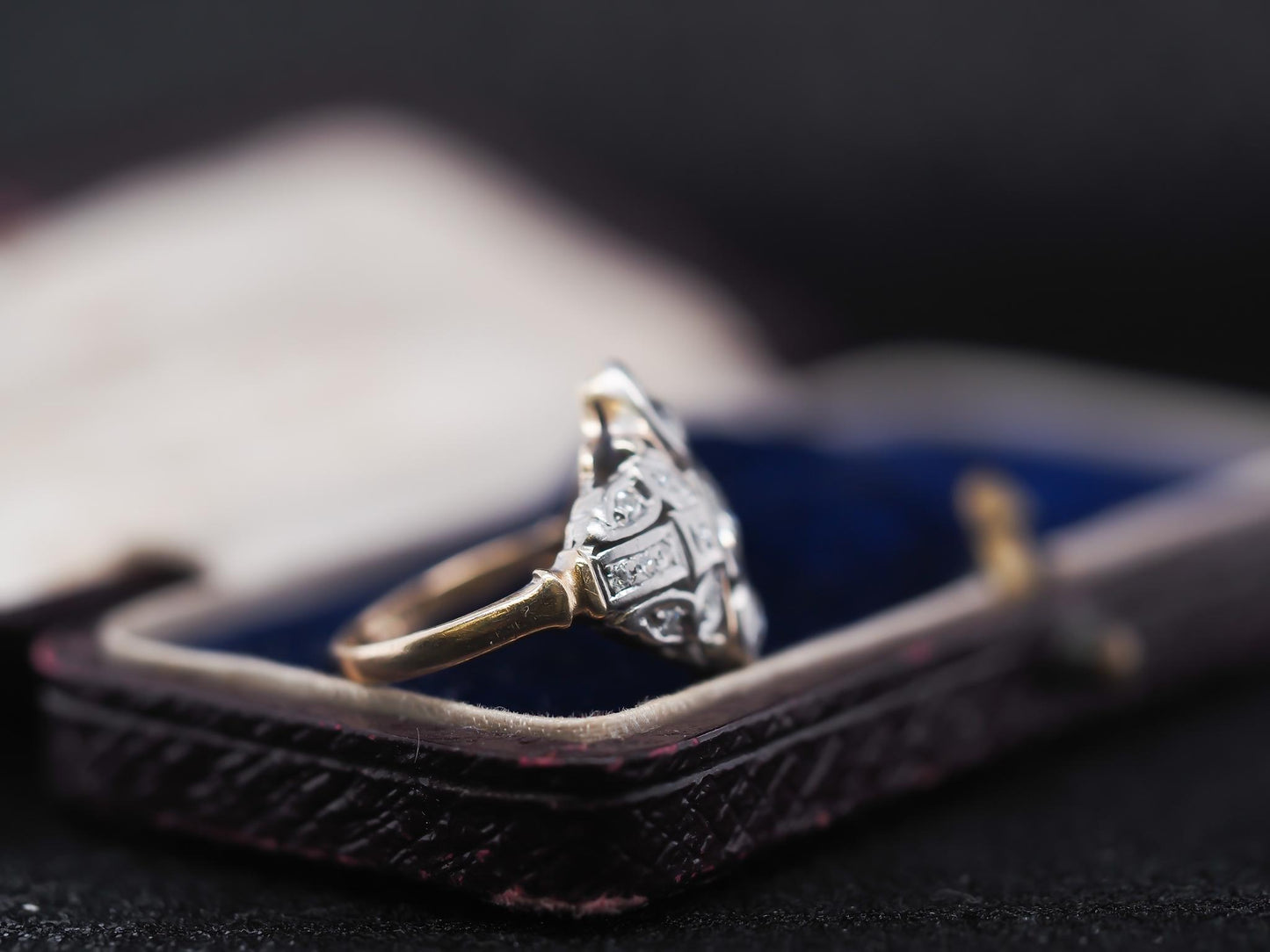 Circa 14K Yellow Gold and Plat 1940s Old European Diamond Ring