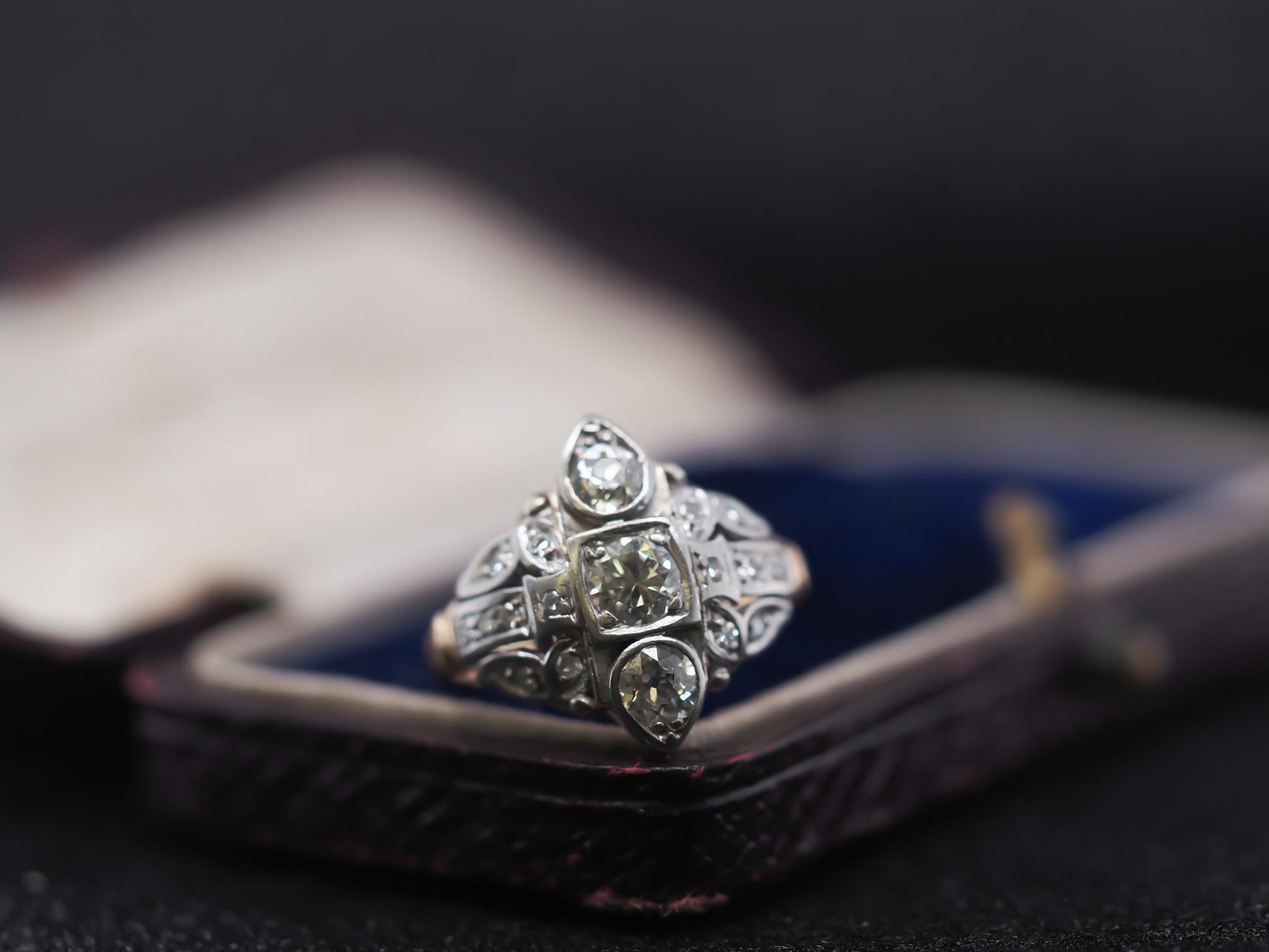 Circa 14K Yellow Gold and Plat 1940s Old European Diamond Ring