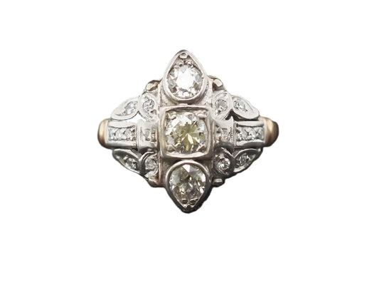 Circa 14K Yellow Gold and Plat 1940s Old European Diamond Ring