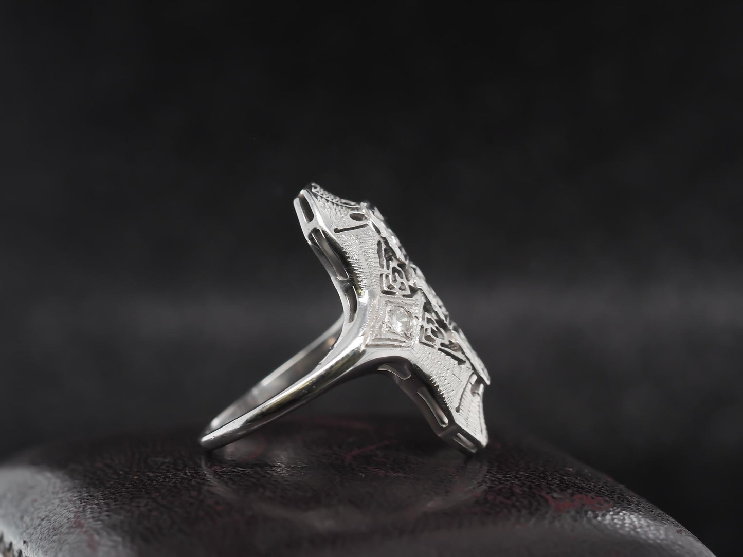 Circa 1960s 14K White Gold Diamond Shield Ring