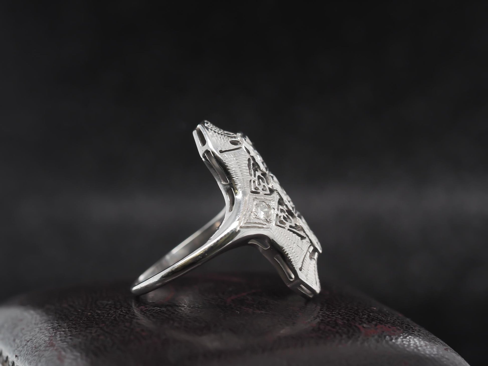 Circa 1960s 14K White Gold Diamond Shield Ring