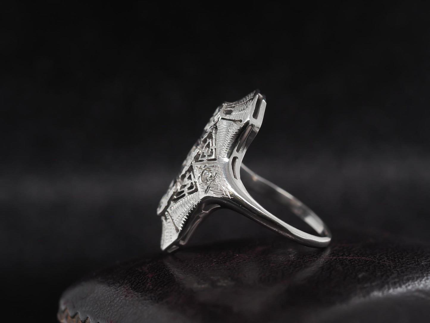 Circa 1960s 14K White Gold Diamond Shield Ring
