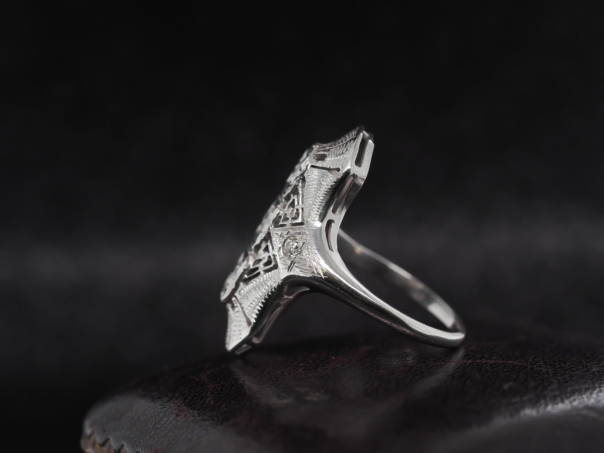 Circa 1960s 14K White Gold Diamond Shield Ring