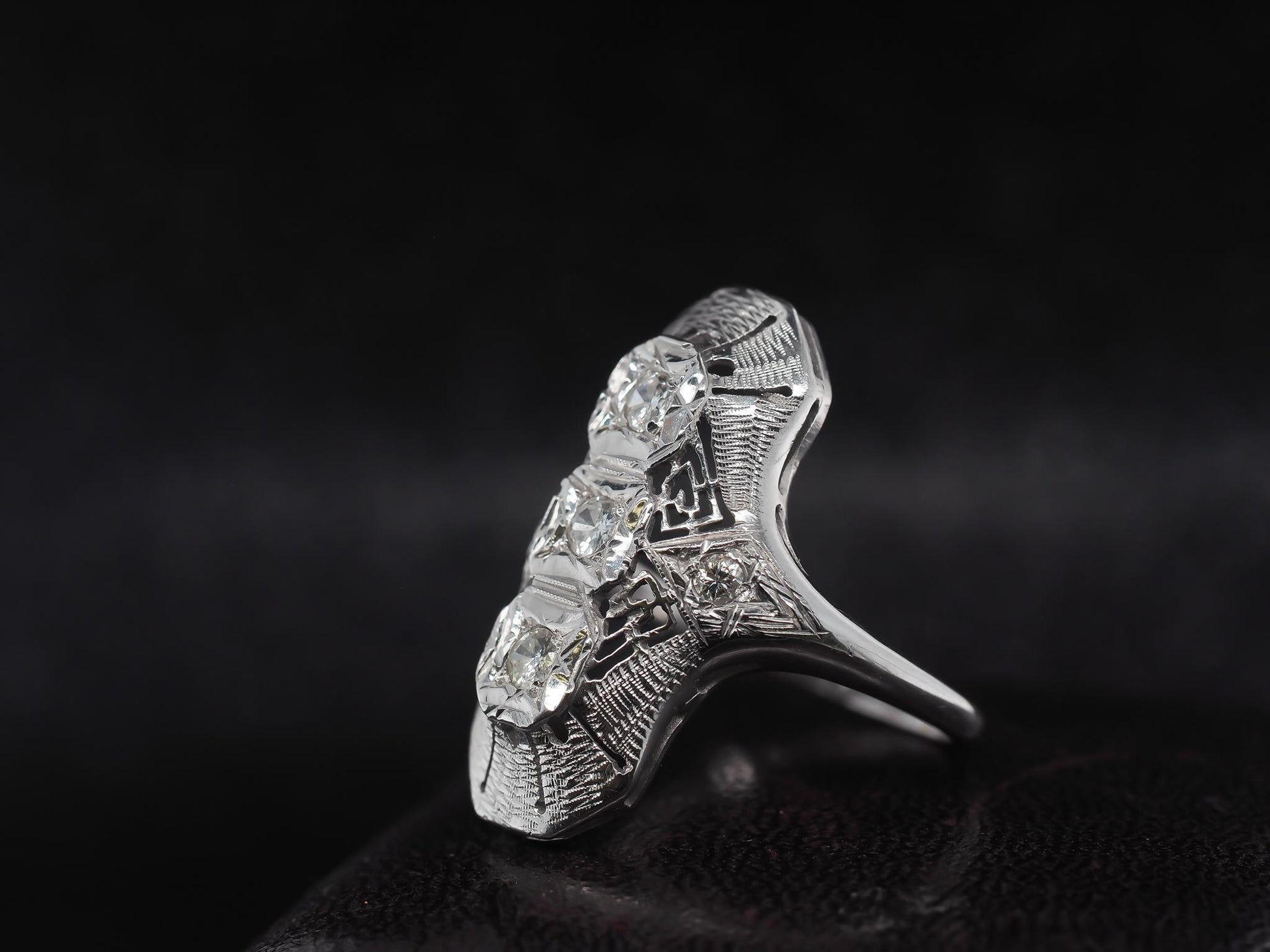 Circa 1960s 14K White Gold Diamond Shield Ring