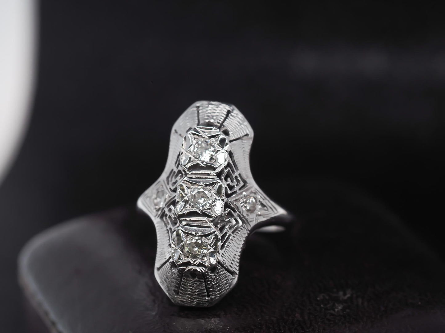 Circa 1960s 14K White Gold Diamond Shield Ring