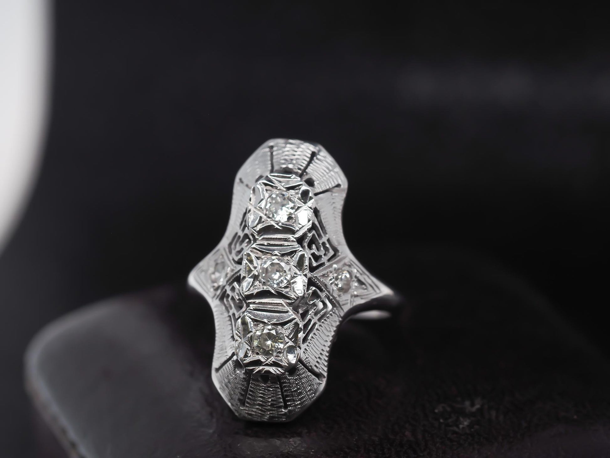 Circa 1960s 14K White Gold Diamond Shield Ring