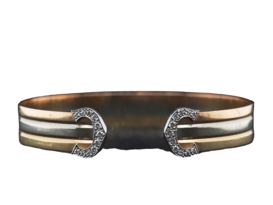 Vintage Cartier Tri Color C Cuff Bangle with Diamonds - VHK#263a