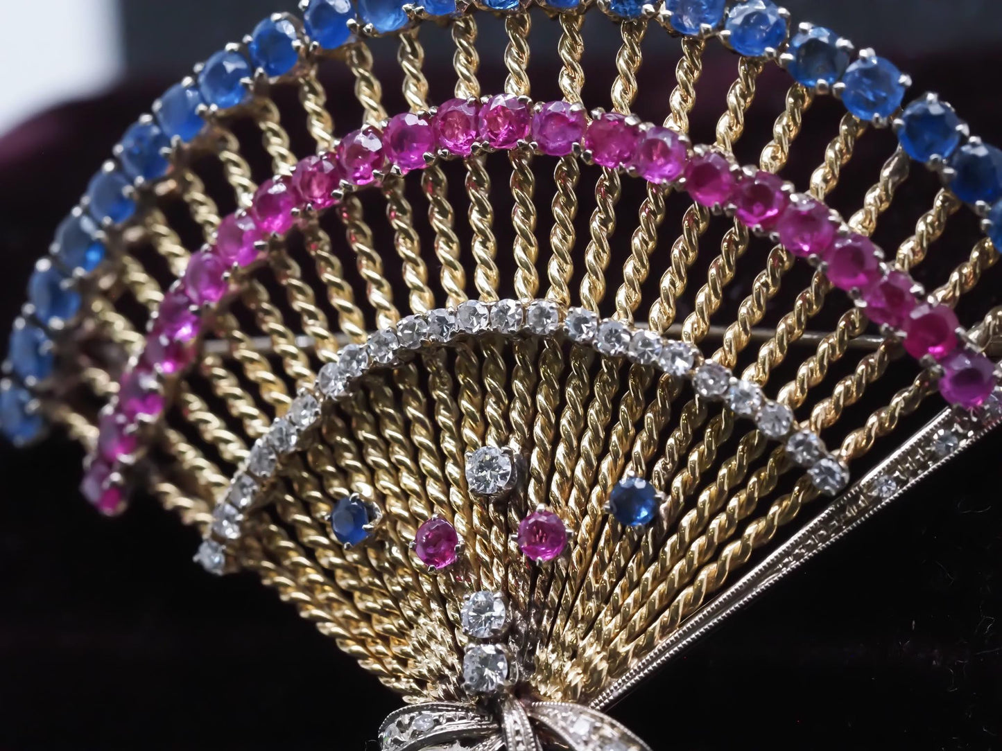 Vintage 14K Yellow Gold Ruby, Sapphire and Diamond Large Brooch - VHK#755a