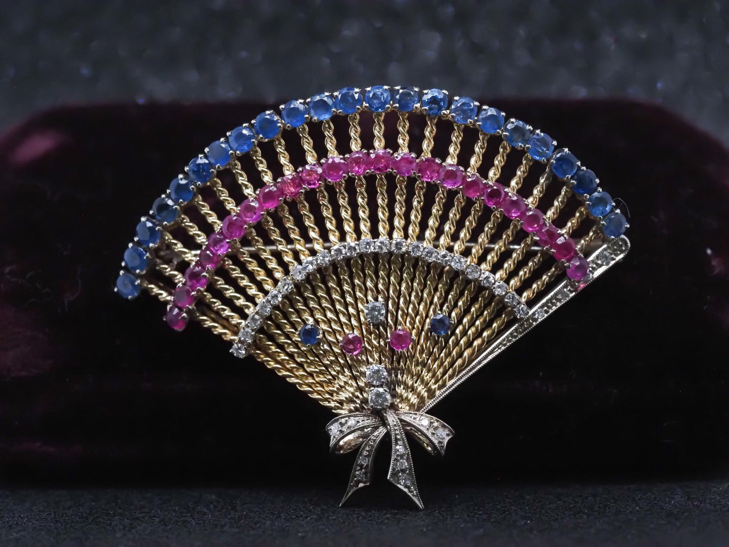 Vintage 14K Yellow Gold Ruby, Sapphire and Diamond Large Brooch - VHK#755a