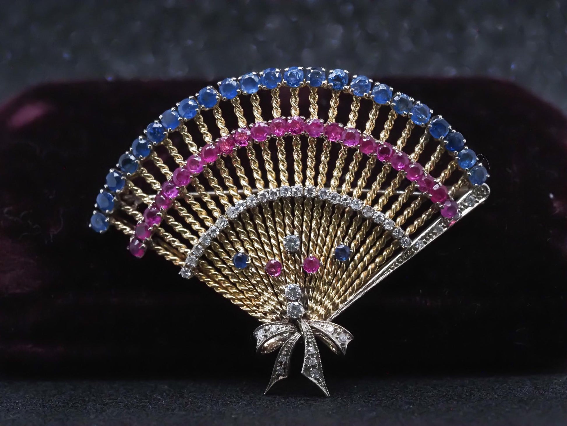 Vintage 14K Yellow Gold Ruby, Sapphire and Diamond Large Brooch - VHK#755a
