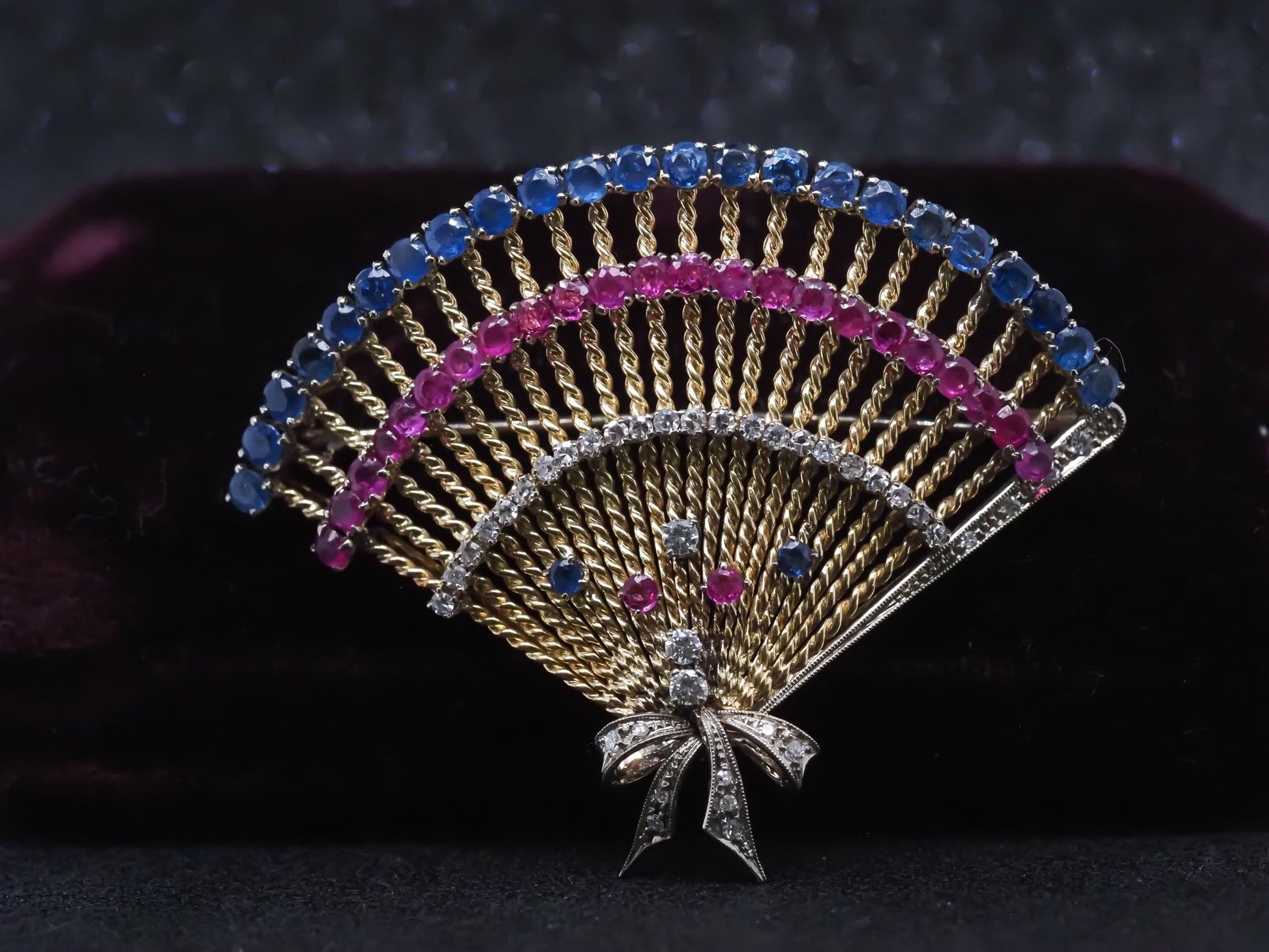 Vintage 14K Yellow Gold Ruby, Sapphire and Diamond Large Brooch - VHK#755a