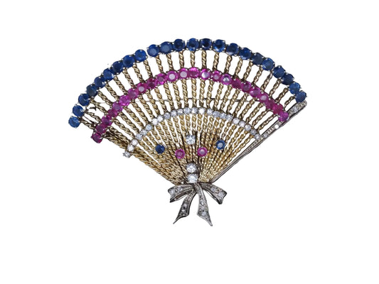 Vintage 14K Yellow Gold Ruby, Sapphire and Diamond Large Brooch - VHK#755a