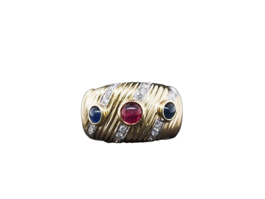 Vintage 18k Yellow Gold Ruby, Sapphire, and Diamond Ring