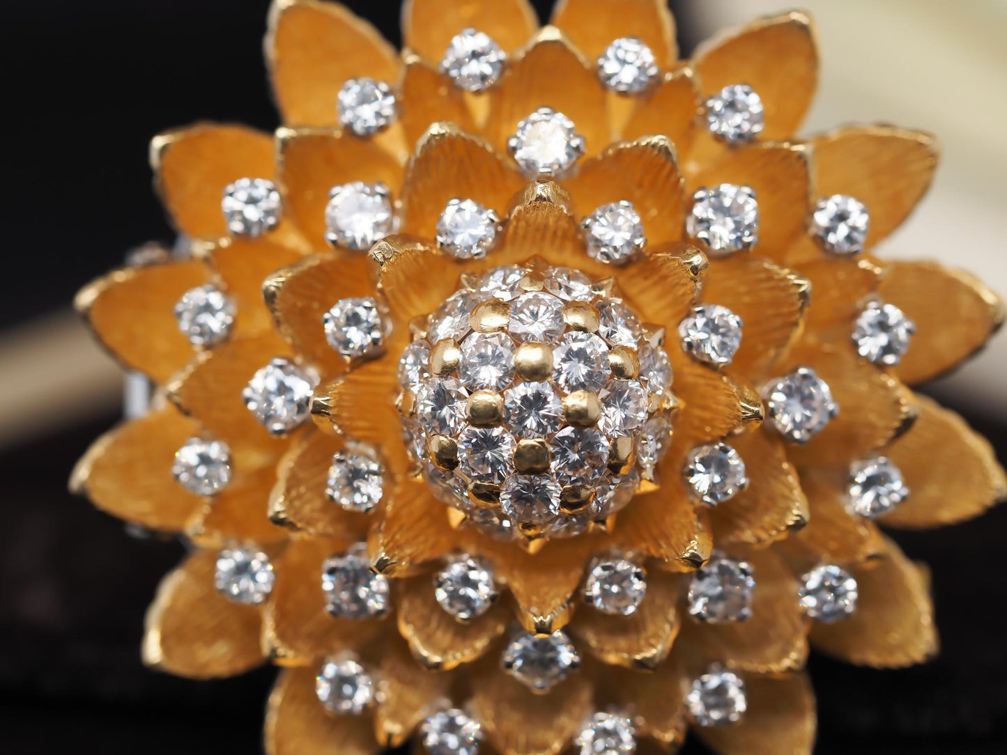 Vintage French 18K Yellow Gold and Diamond Flower Brooch - VHK#891a