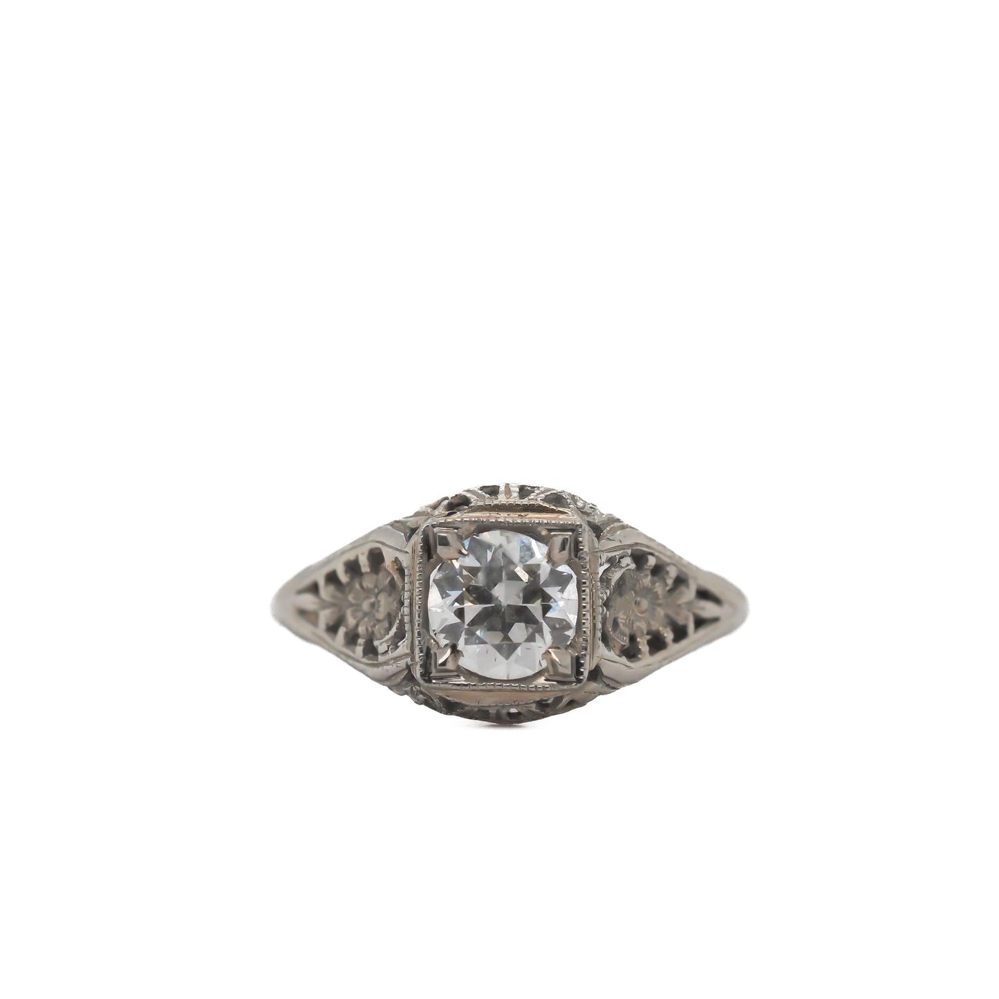 Antique Engagement Ring in 18K White Gold with .70ct Old European Cut Diamond