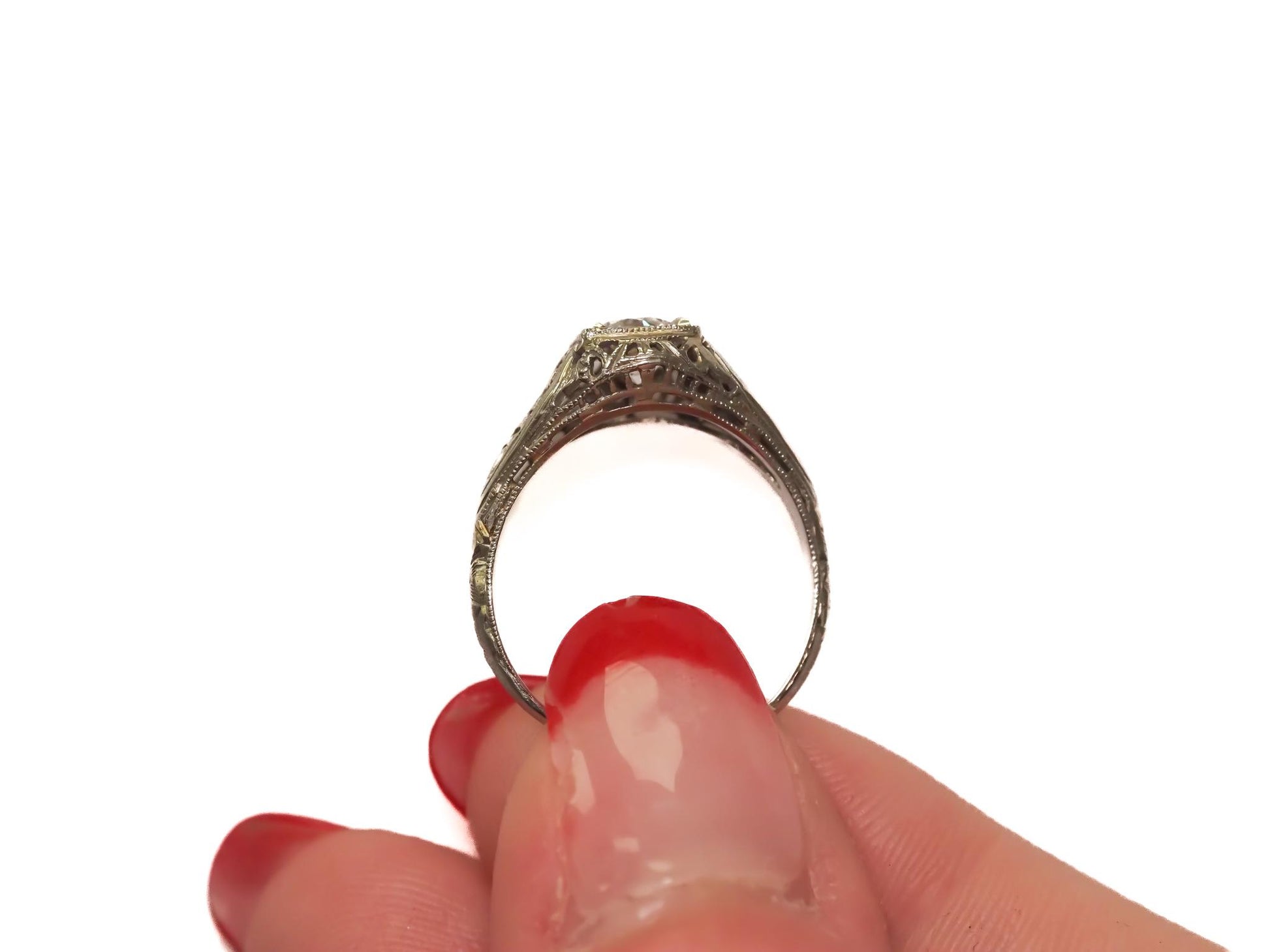 Antique Engagement Ring in 18K White Gold with .70ct Old European Cut Diamond