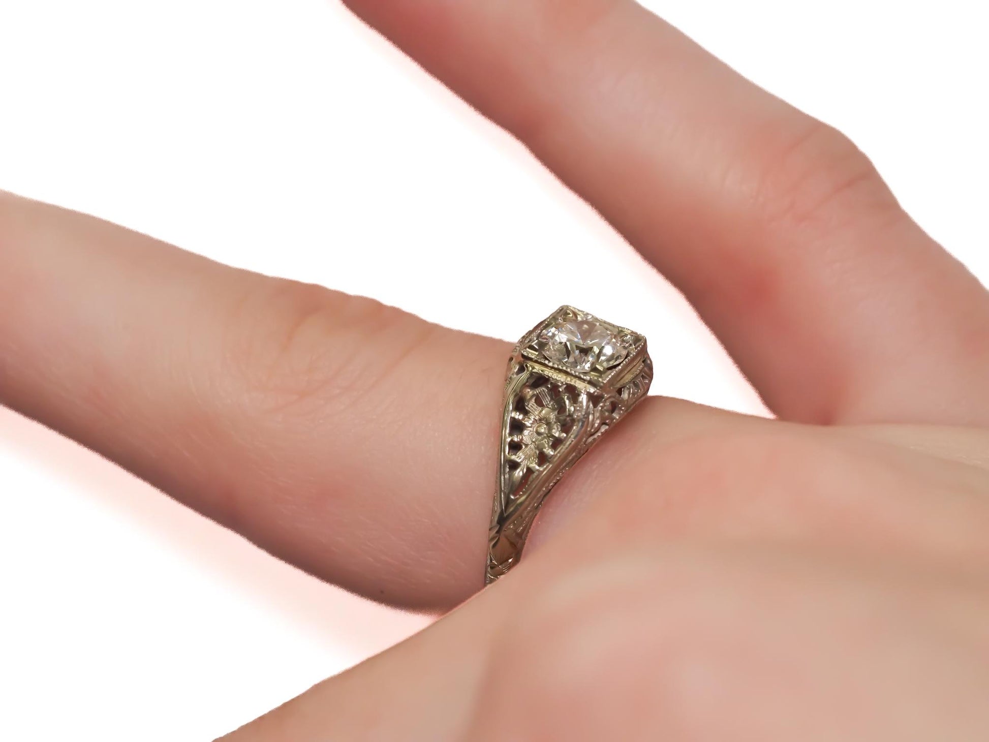 Antique Engagement Ring in 18K White Gold with .70ct Old European Cut Diamond