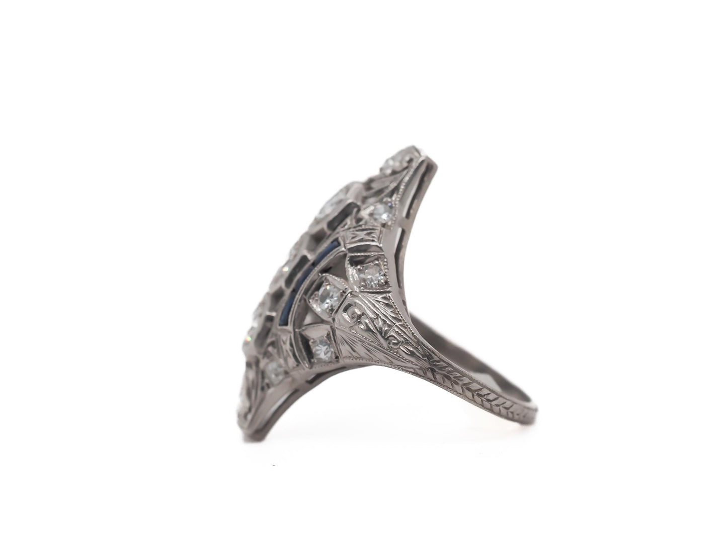 Art Deco Old European Cut Diamond and Sapphire Engagement Ring .85cttw