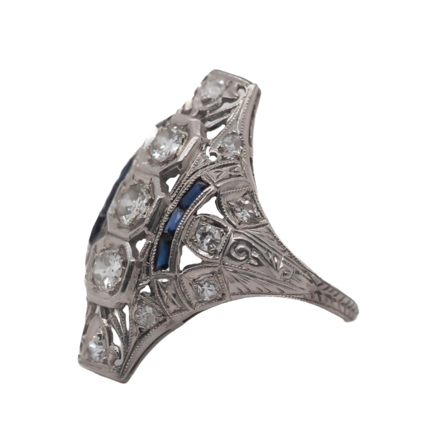 Art Deco Old European Cut Diamond and Sapphire Engagement Ring .85cttw