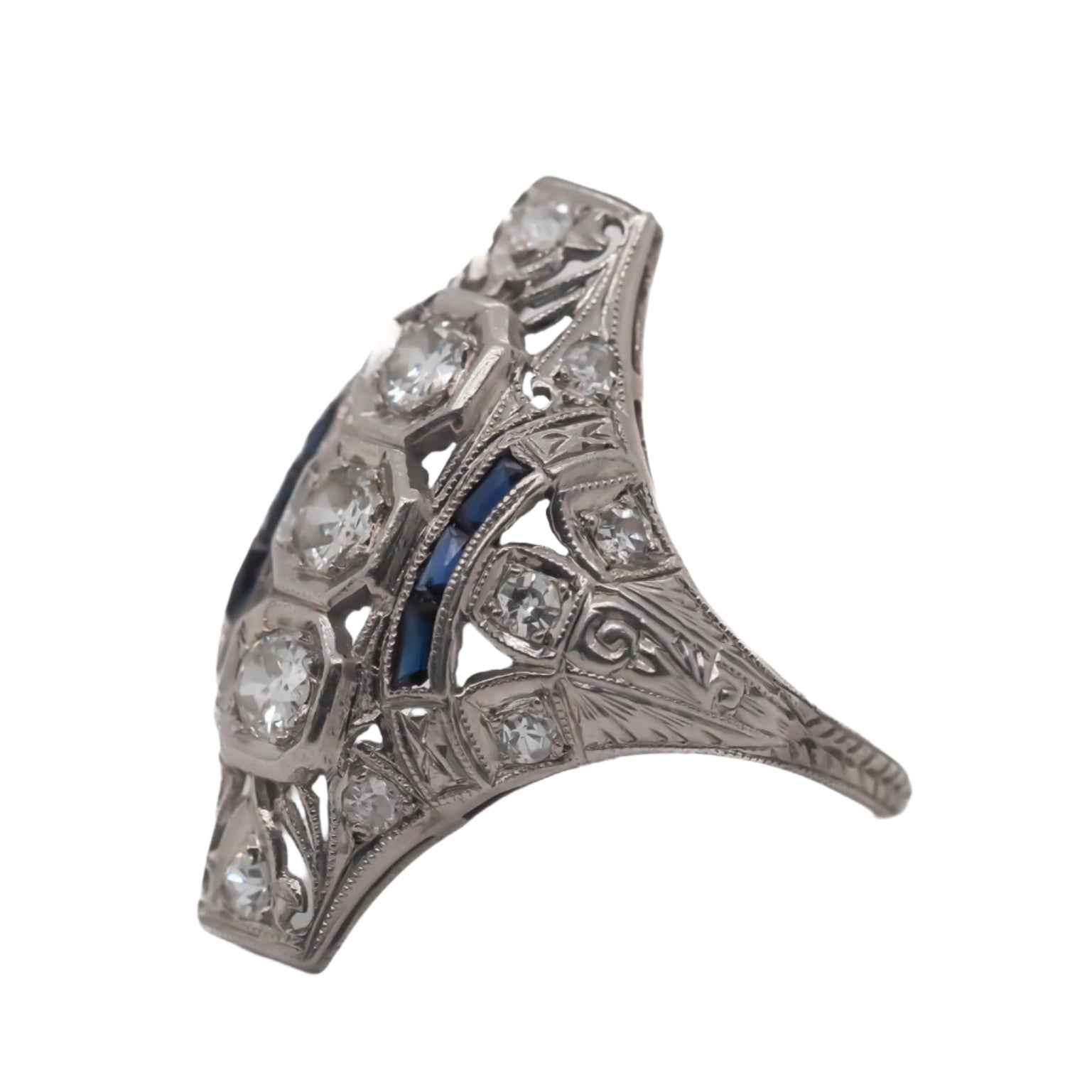 Art Deco Old European Cut Diamond and Sapphire Engagement Ring .85cttw