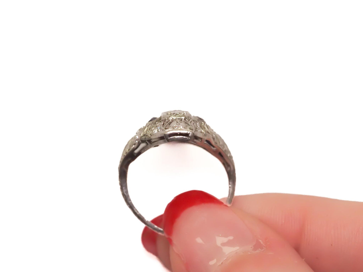 Art Deco Old European Cut Diamond and Sapphire Engagement Ring .85cttw