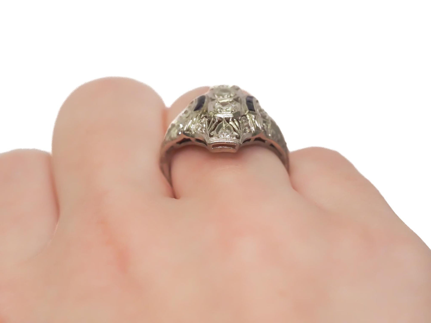 Art Deco Old European Cut Diamond and Sapphire Engagement Ring .85cttw