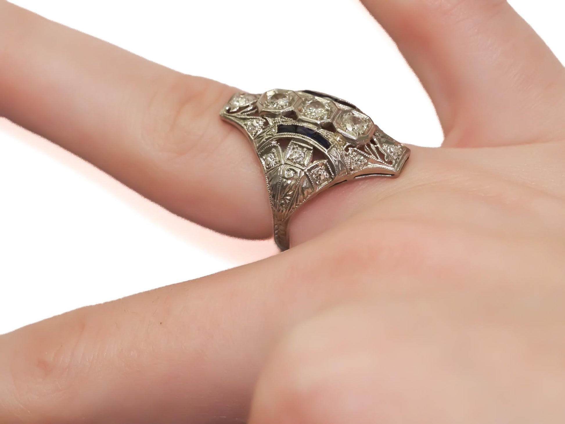 Art Deco Old European Cut Diamond and Sapphire Engagement Ring .85cttw