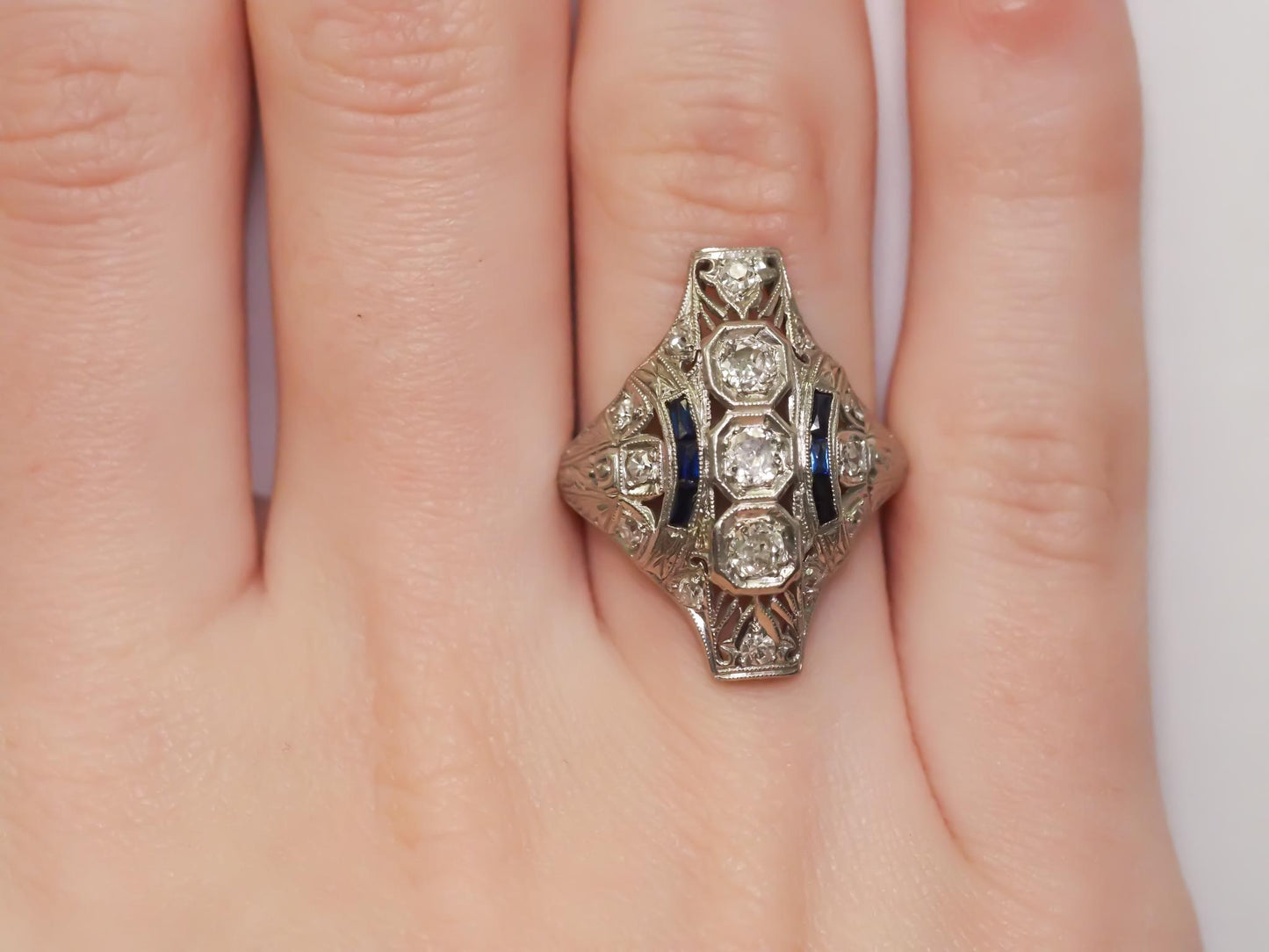 Art Deco Old European Cut Diamond and Sapphire Engagement Ring .85cttw