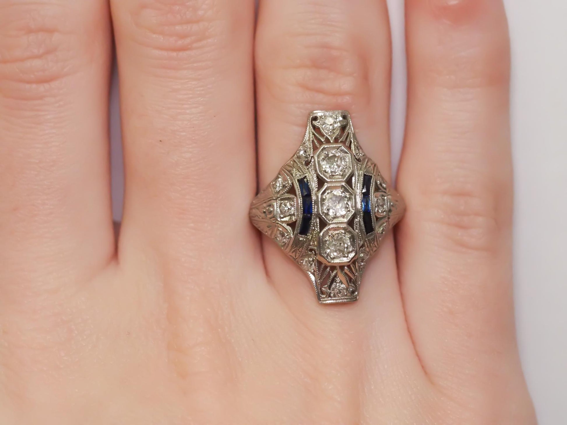 Art Deco Old European Cut Diamond and Sapphire Engagement Ring .85cttw