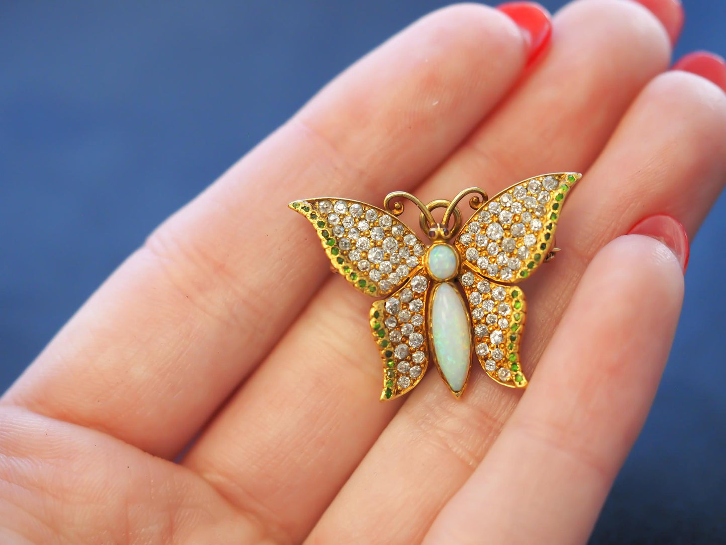 Edwardian 1900s Demantoid Garnet Opal Old Mine Diamond Butterfly Pendant/ Brooch
