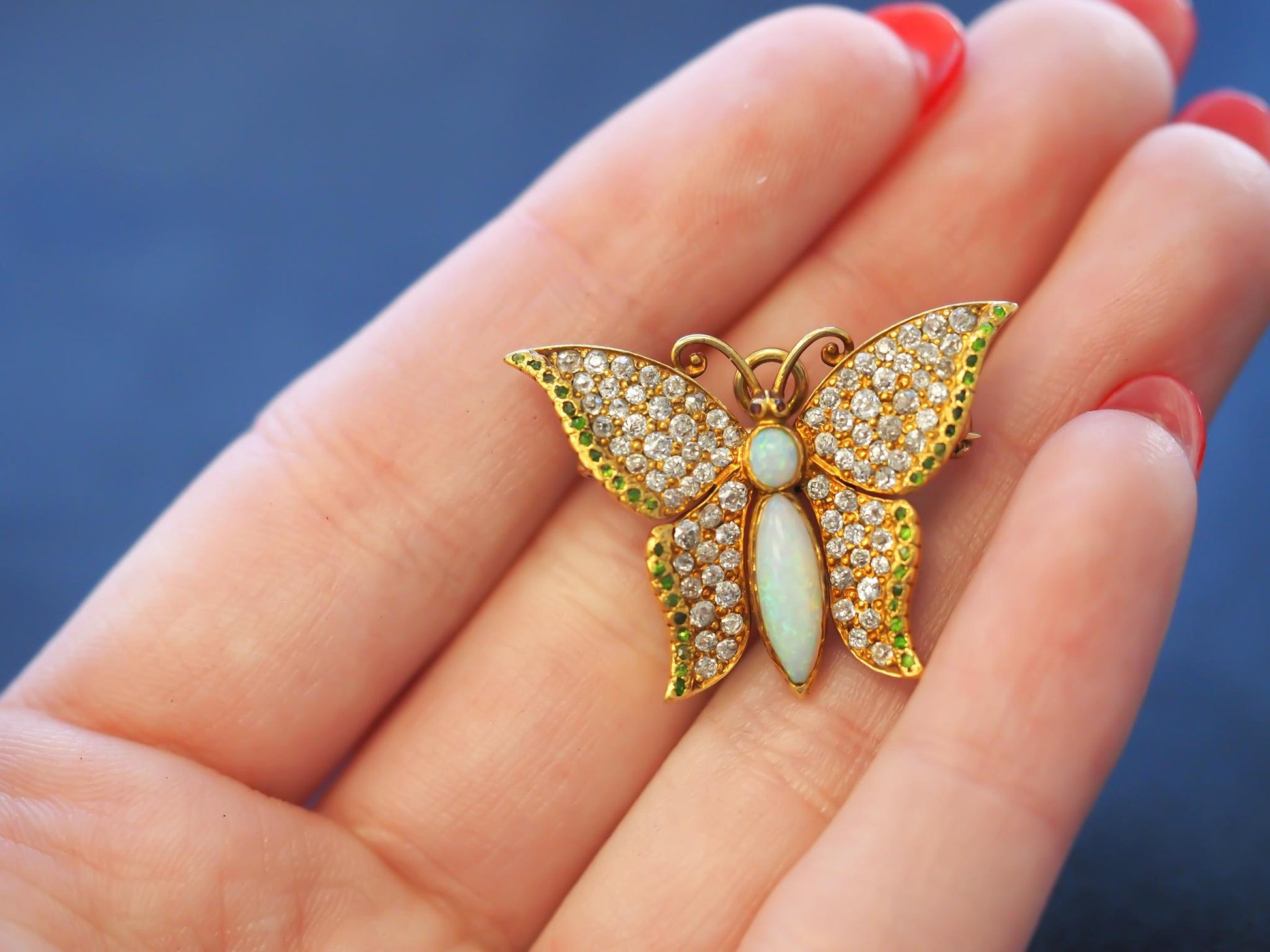 Edwardian 1900s Demantoid Garnet Opal Old Mine Diamond Butterfly Pendant/ Brooch