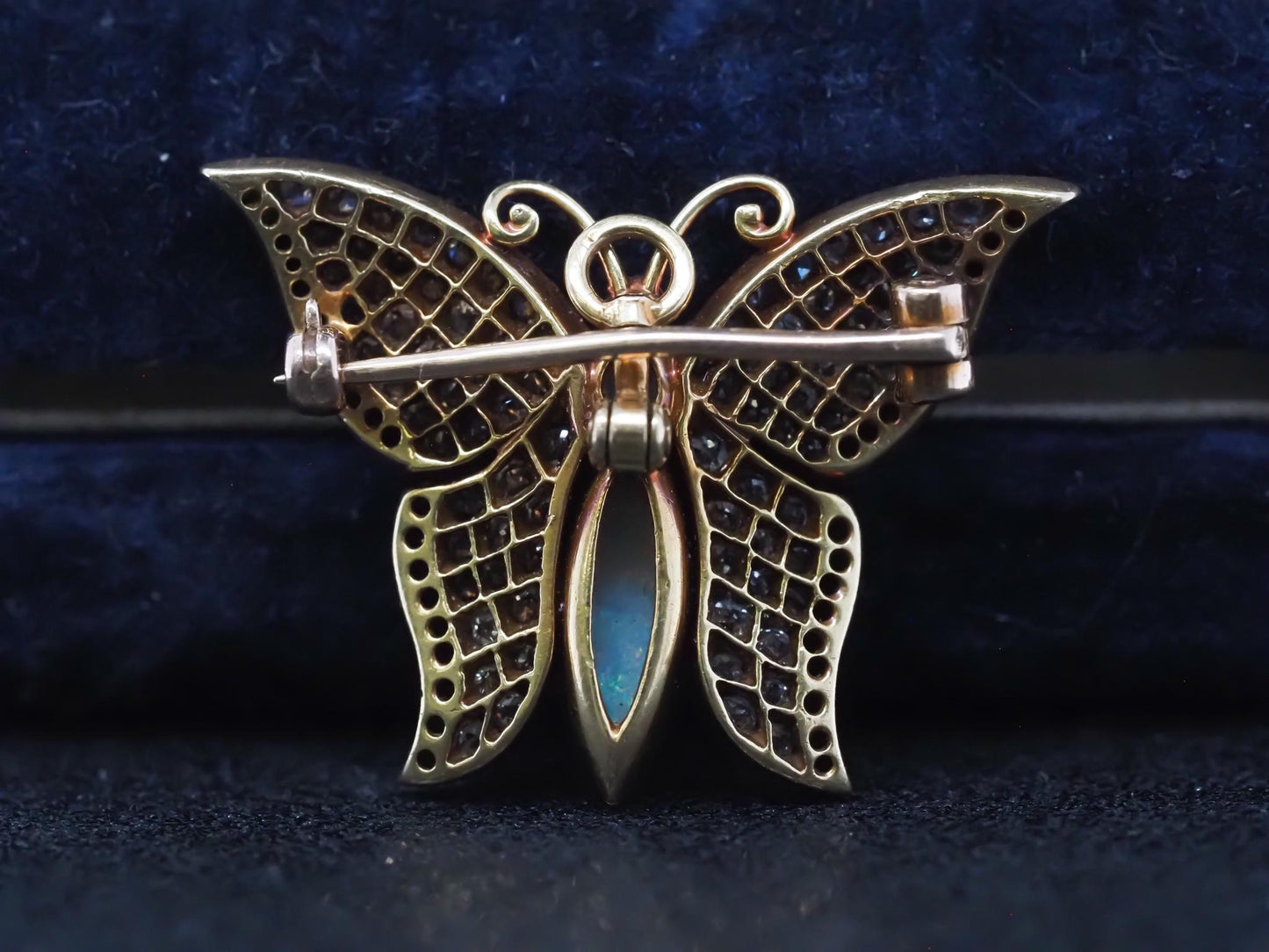 Edwardian 1900s Demantoid Garnet Opal Old Mine Diamond Butterfly Pendant/ Brooch
