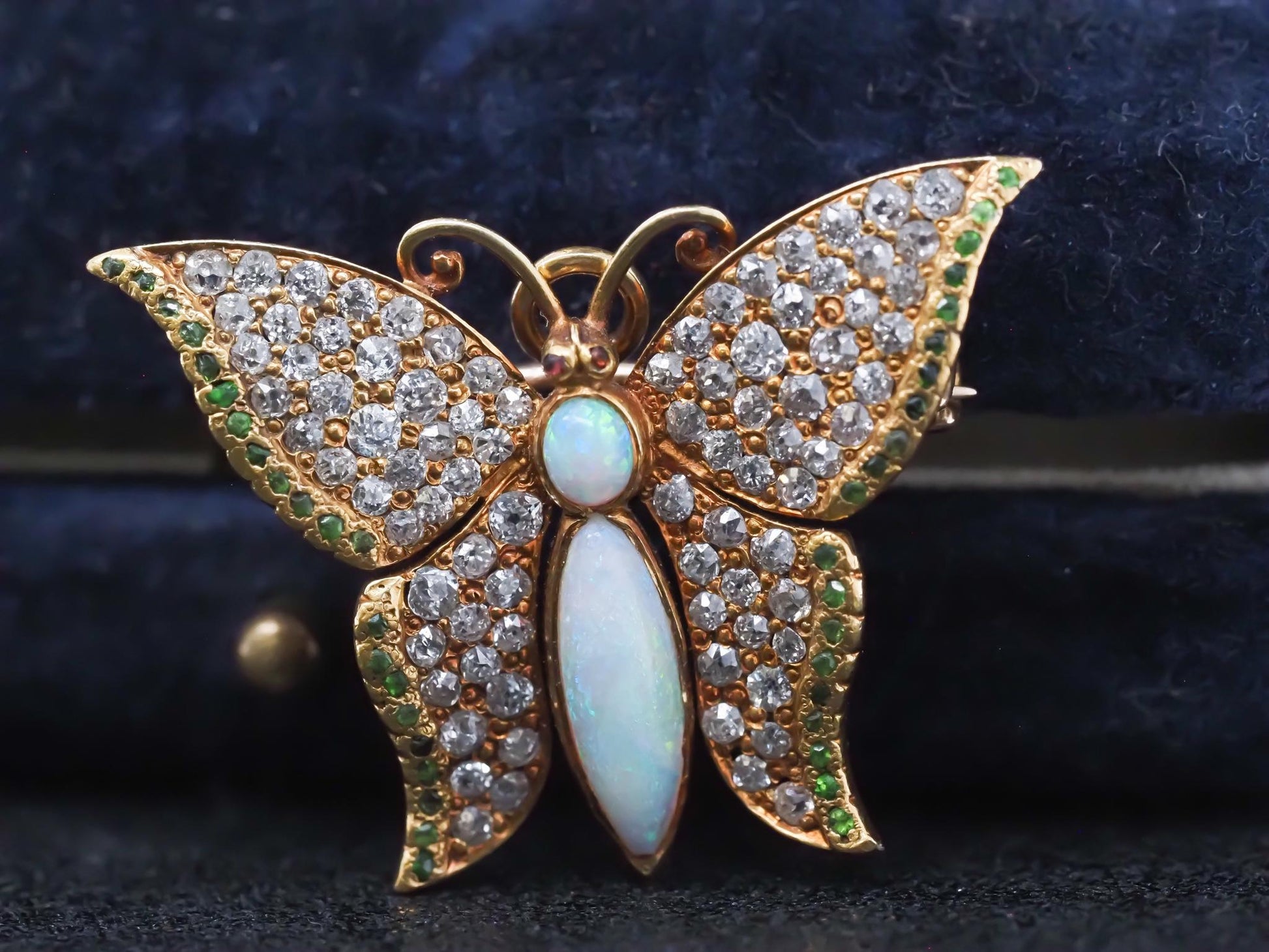 Edwardian 1900s Demantoid Garnet Opal Old Mine Diamond Butterfly Pendant/ Brooch