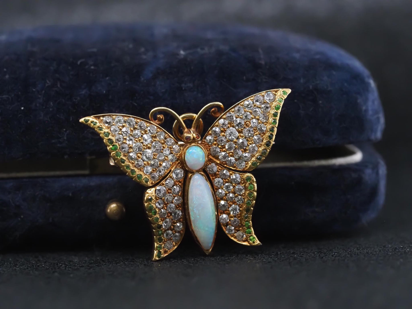 Edwardian 1900s Demantoid Garnet Opal Old Mine Diamond Butterfly Pendant/ Brooch