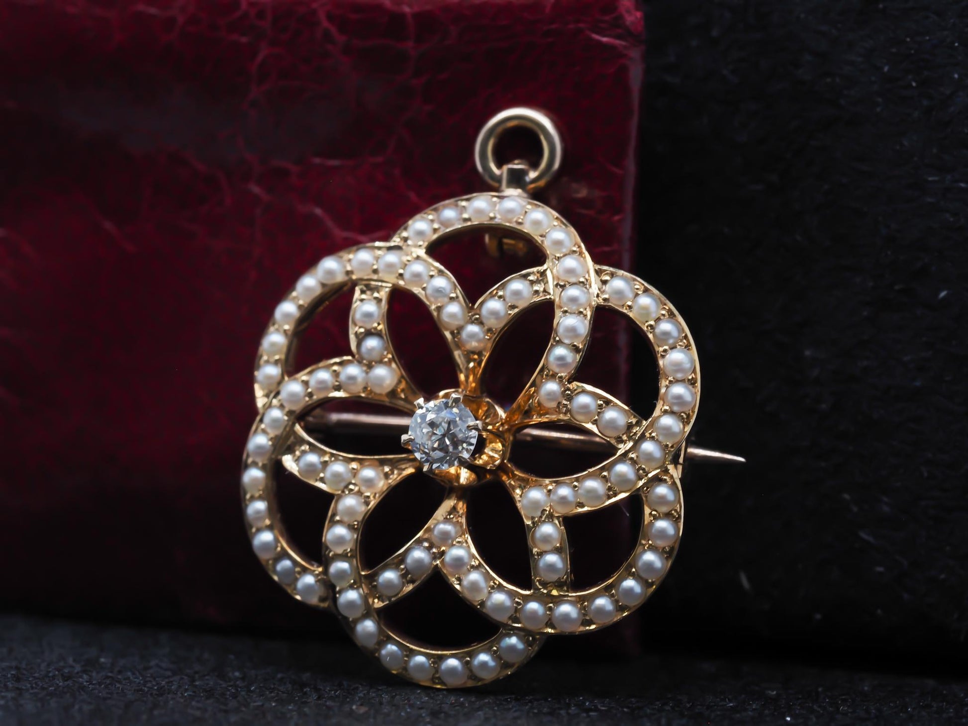 Estate Edwardian 14K Pendant and Brooch with Old Mine Diamond and Pearls - VHK#