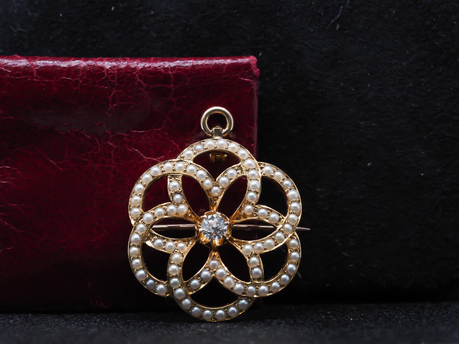 Estate Edwardian 14K Pendant and Brooch with Old Mine Diamond and Pearls - VHK#