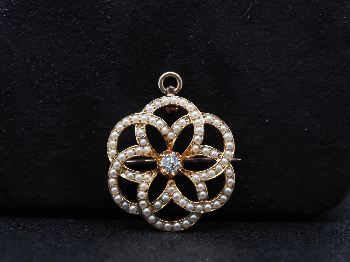 Estate Edwardian 14K Pendant and Brooch with Old Mine Diamond and Pearls - VHK#