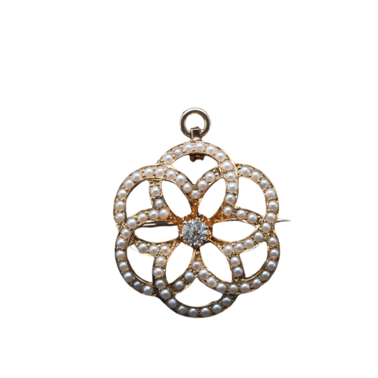 Estate Edwardian 14K Pendant and Brooch with Old Mine Diamond and Pearls - VHK#