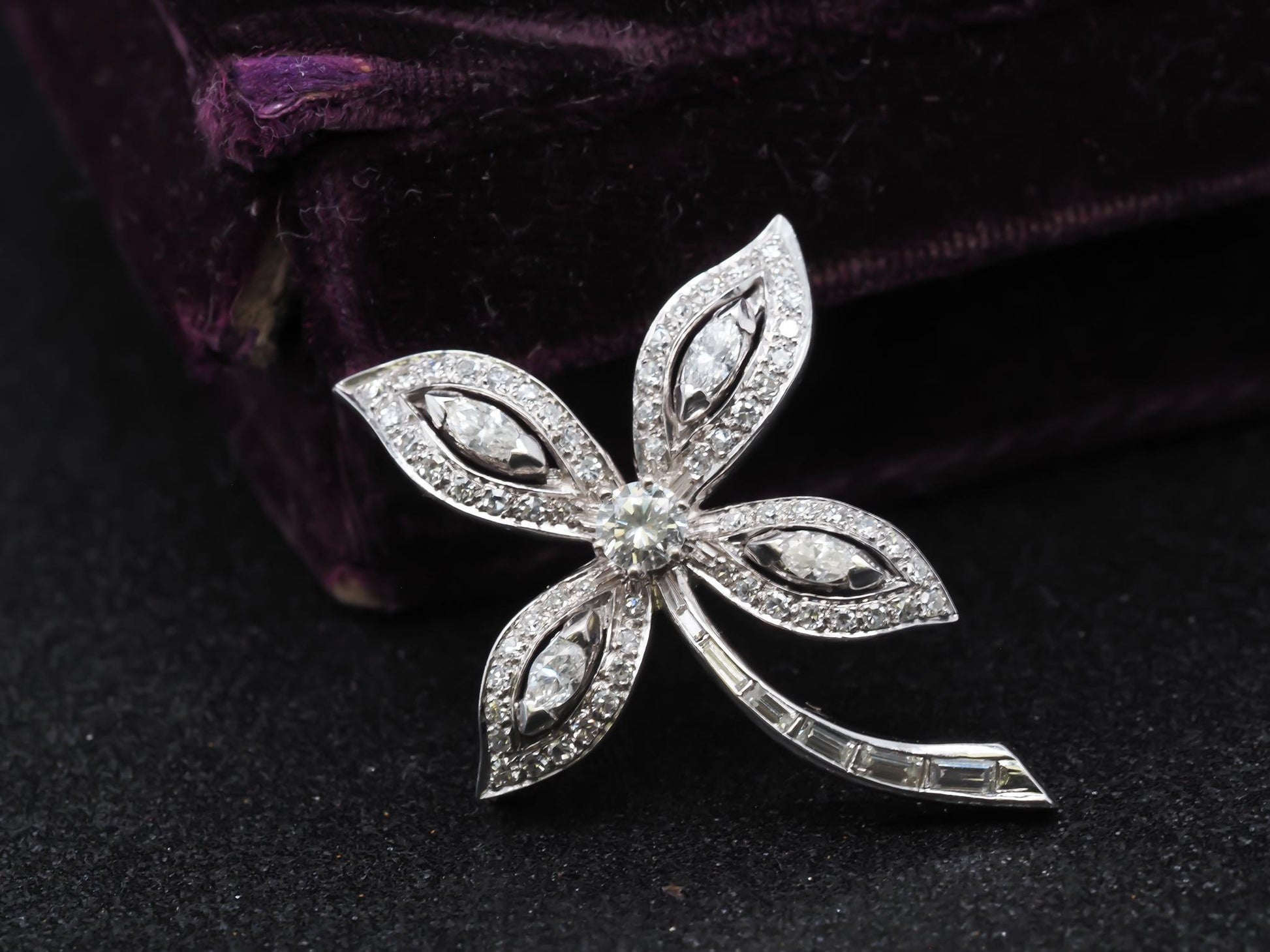 Estate 14K White Gold Flower Brooch with Diamonds