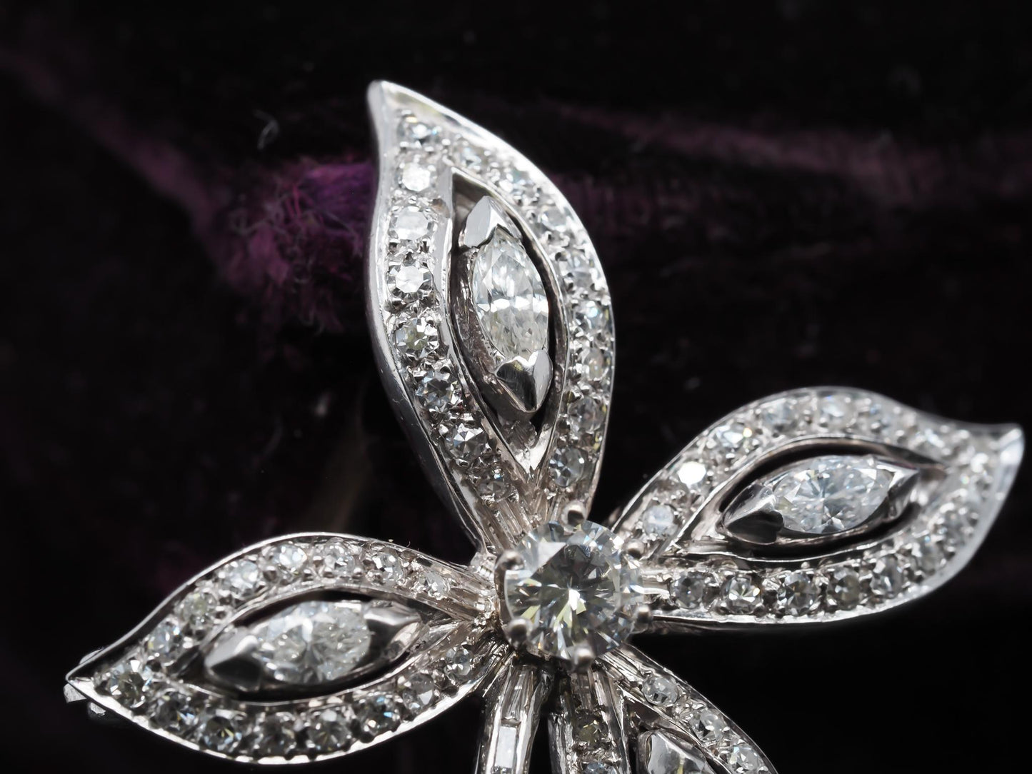 Estate 14K White Gold Flower Brooch with Diamonds
