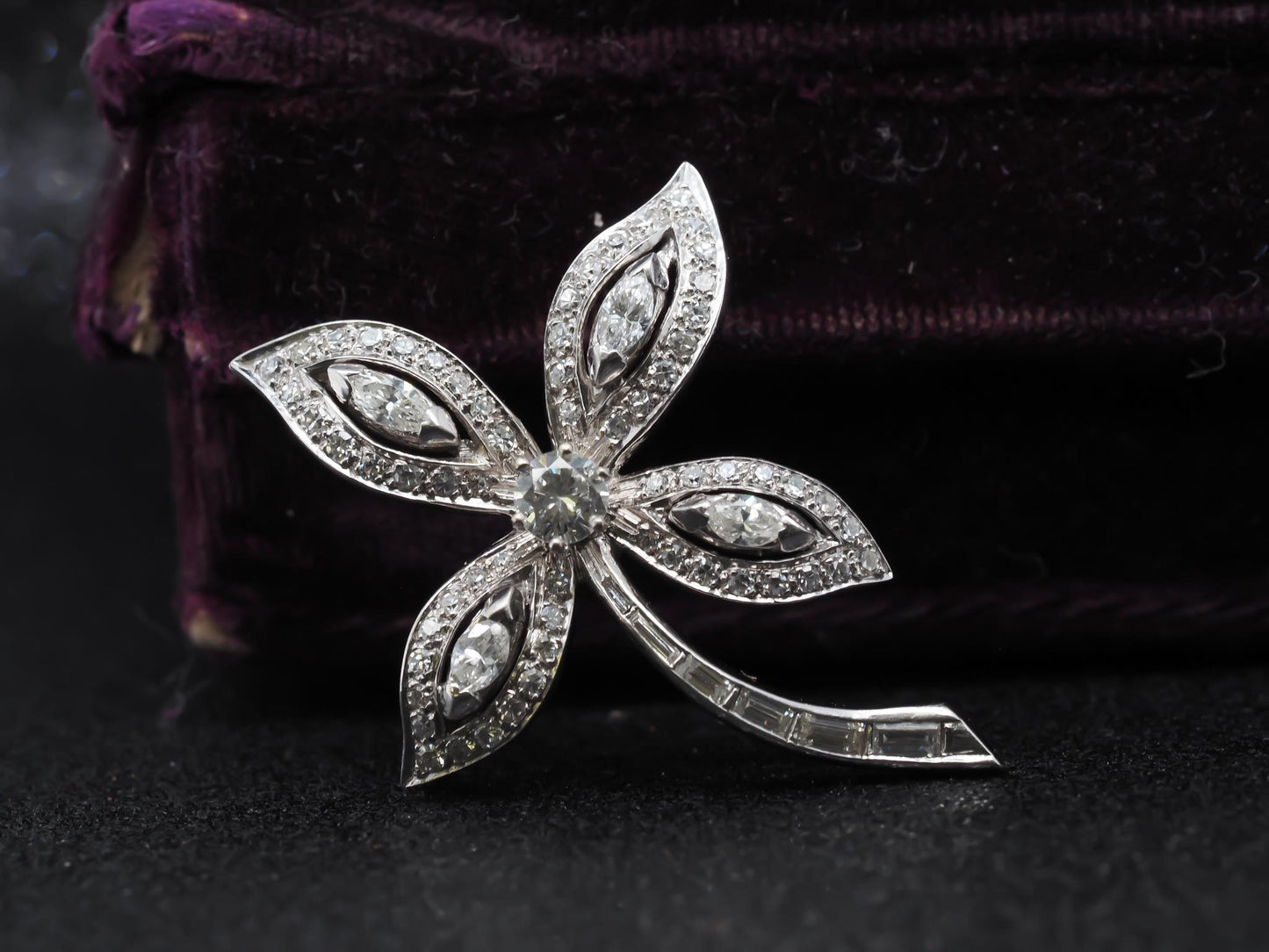 Estate 14K White Gold Flower Brooch with Diamonds