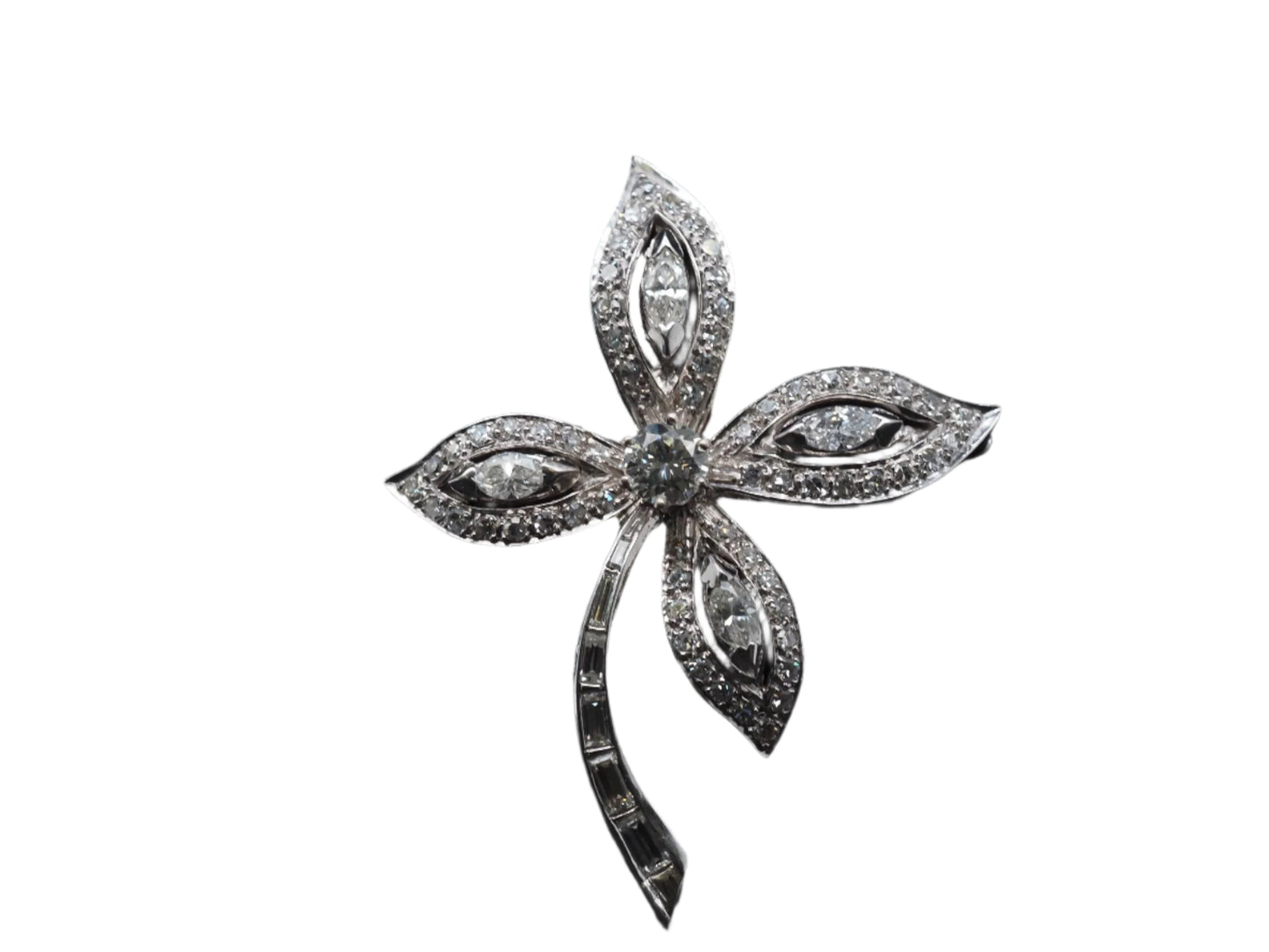 Estate 14K White Gold Flower Brooch with Diamonds