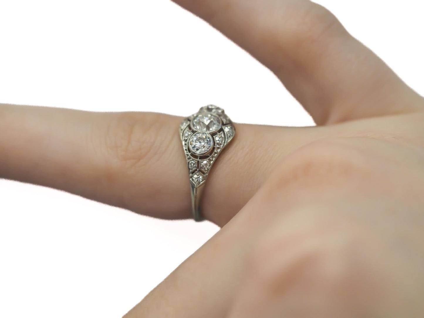 1920s Platinum 3 Stone Old European Diamond Engagement Ring - VEG#26b