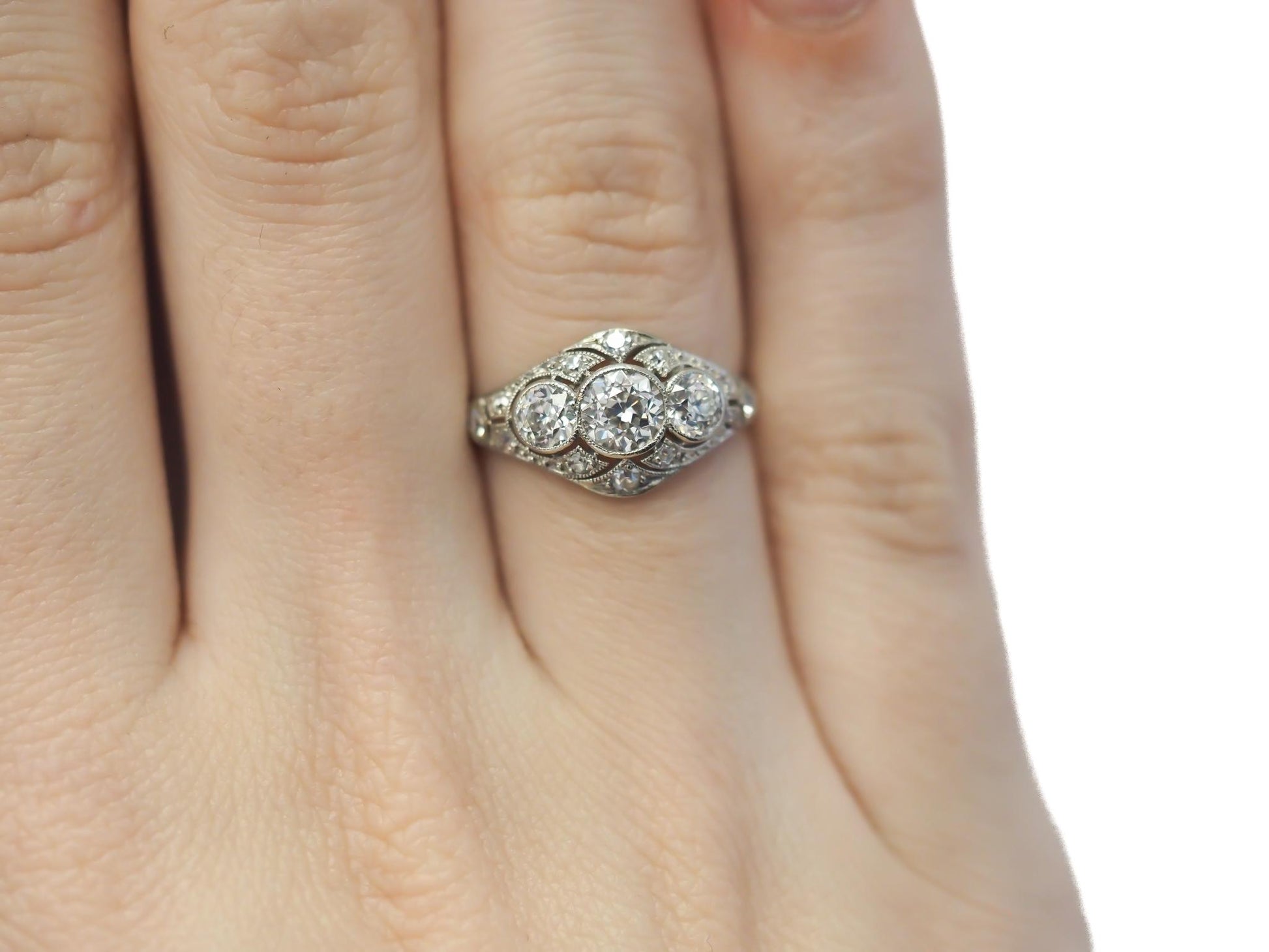1920s Platinum 3 Stone Old European Diamond Engagement Ring - VEG#26b