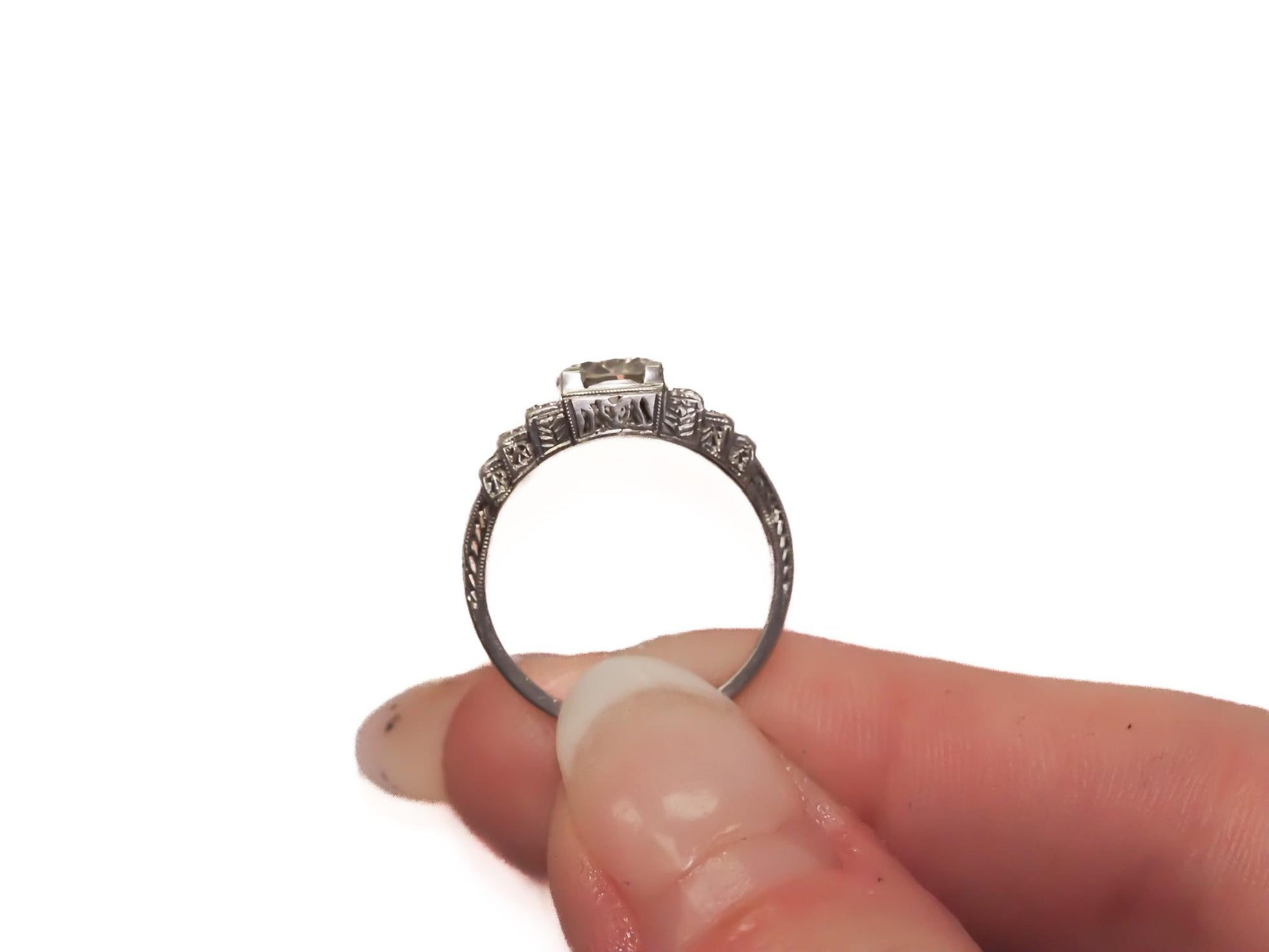 1920s Art Deco GIA 1.04ct Old European Diamond and Emerald Engagement Ring -