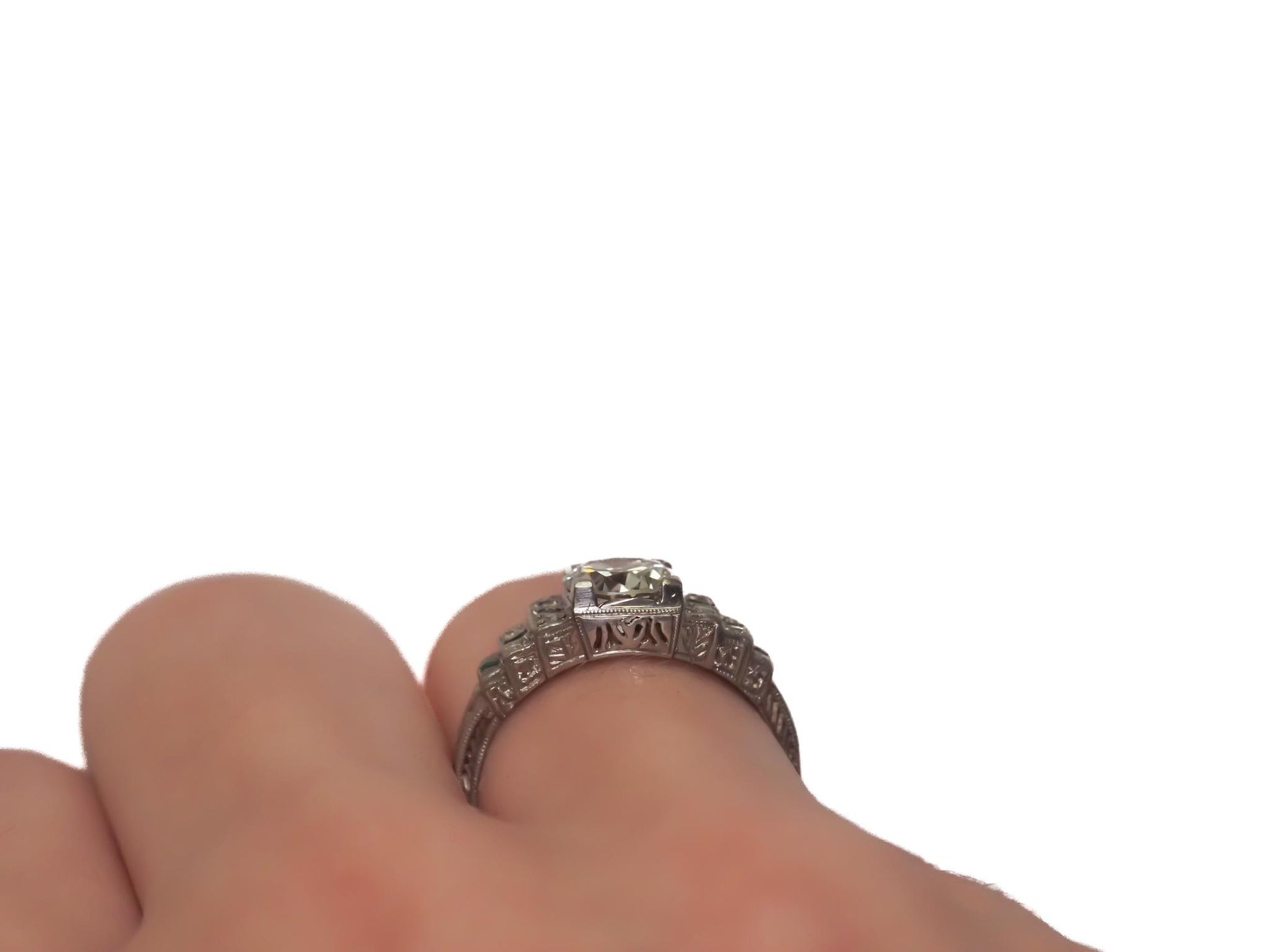 1920s Art Deco GIA 1.04ct Old European Diamond and Emerald Engagement Ring -